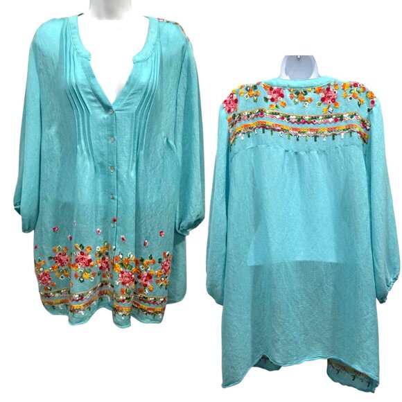 Fig & Flower Turquoise Floral Embroidered Peasant Tunic Top Boho Plus Size 2X - Picture 1 of 10